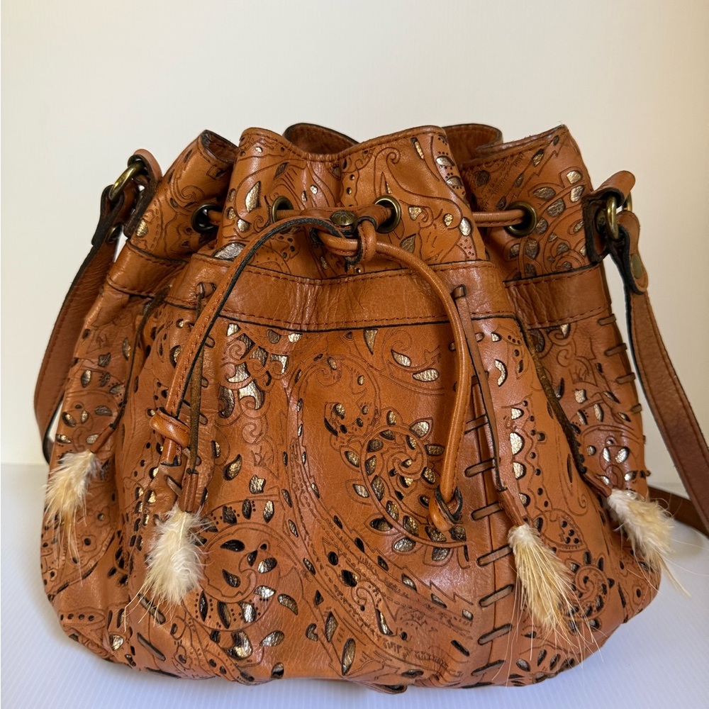 Patricia Nash Leather Drawstring Bucket Bag Shoulder Flower Boho Festival